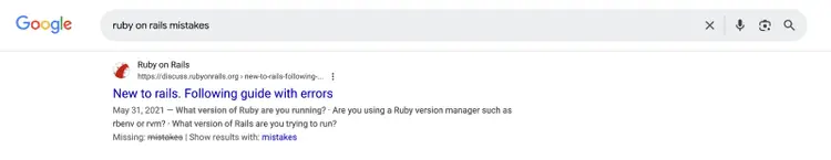 Google search result for ruby on rails mistakes showing Rails blog post