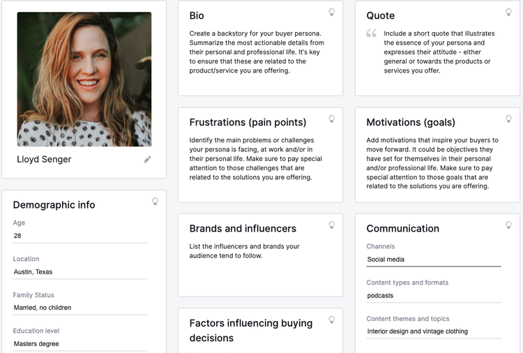 An example of a buyer persona built with Semrush Persona tool