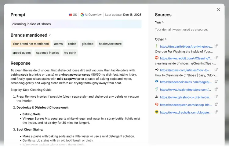 Semrush prompt details pop-up showing an AI response, mentioned brands, and sources