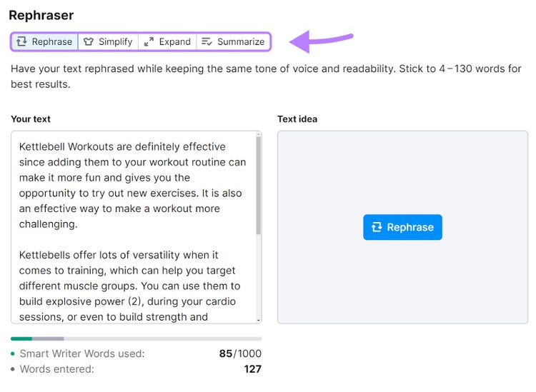 "Rephrase," "Simplify," "Expand," and "Summarize" buttons highlighted under Rephraser window