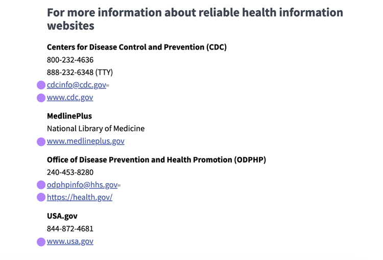 naked links like www.medlineplus.gov and www.cdc.gov appear written in their full URLs