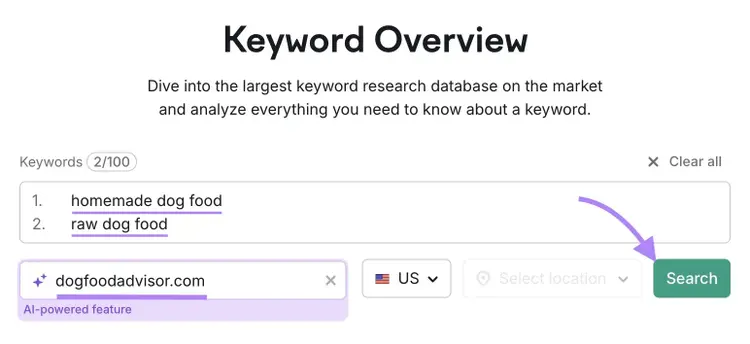 Keyword Overview tool start with two keywords and a domain entered with "Search" clicked.