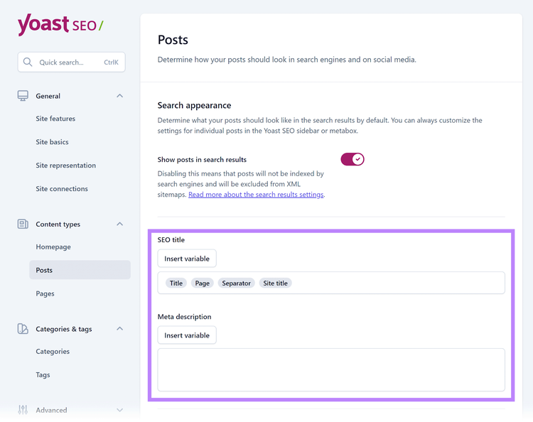 Yoast SEO 'Posts' settings page with SEO title and meta description configuration areas highlighted