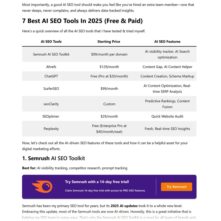 Table listing top AI SEO tools with columns for starting price and key features.