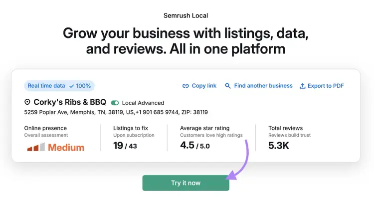business listings overview shows online presence score, number of listings to fix, average star rating, and total reviews