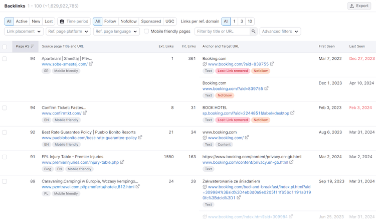 Backlinks report table listing details like backlink sources, target pages, and page authority score.