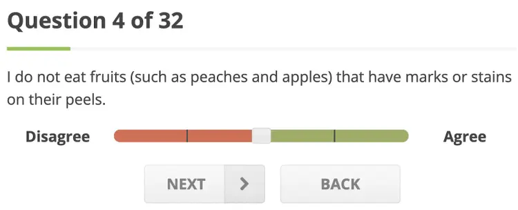 IDRlabs food disgust test Question 4 of 32 with agree-disagree slider buttons
