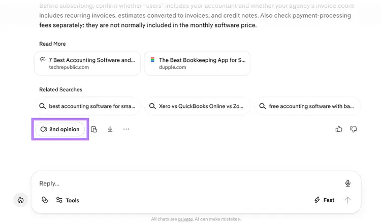 Duck.ai response interface with the 2nd opinion button highlighted below related searches