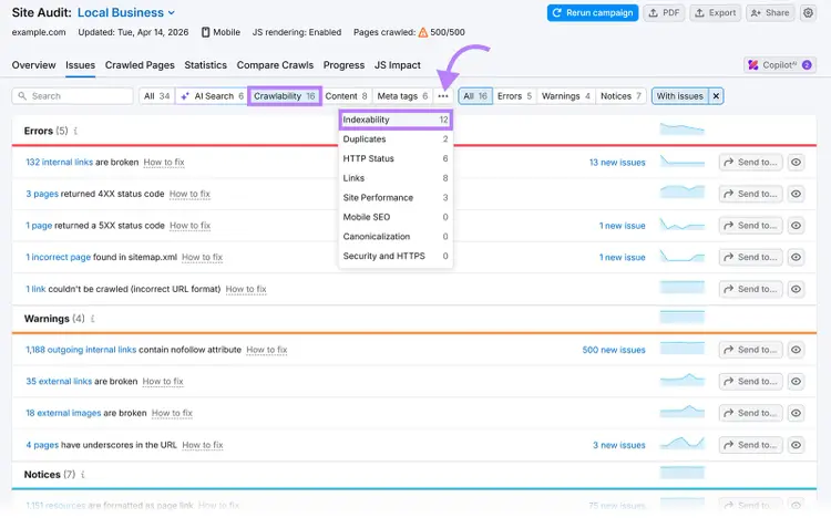 Semrush Site Audit Issues tab filtered by Crawlability and Indexability categories