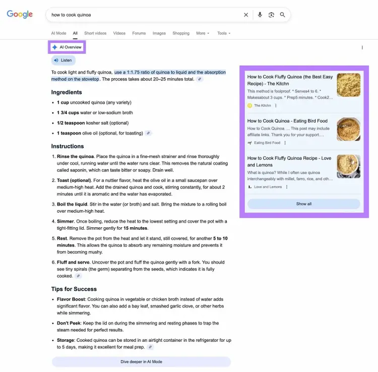 An AI Overview appearing at the top of the SERP with a colored badge, a multi-paragraph answer, and source citations.