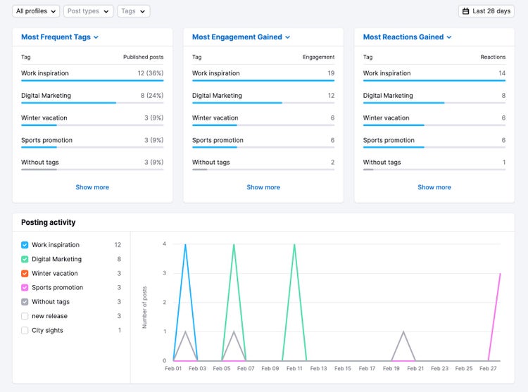 Content Mix on Social Content Insights breaking down social media performance into engagement and reactions by tags used.