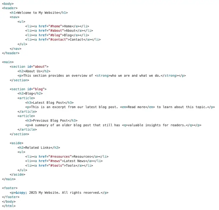 Semantic HTML tags for text are added to this example.