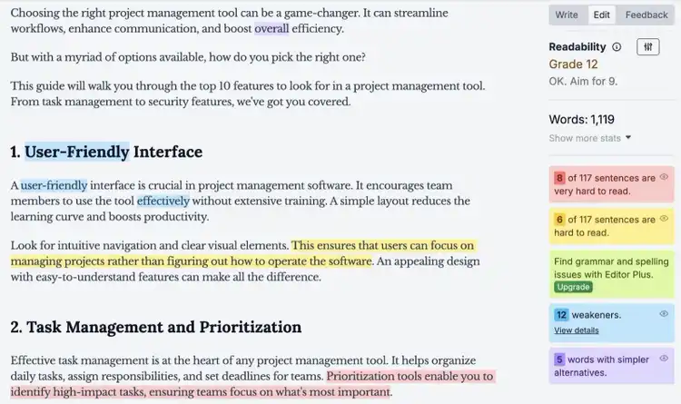 Hemingway Editor with different color-coded suggestions to improve a piece of content.