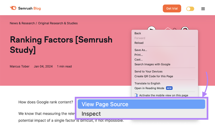 “View Page Source” button on Semrush Blog page