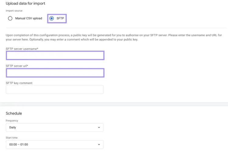 “SFTP" option selected under the "Import source" section