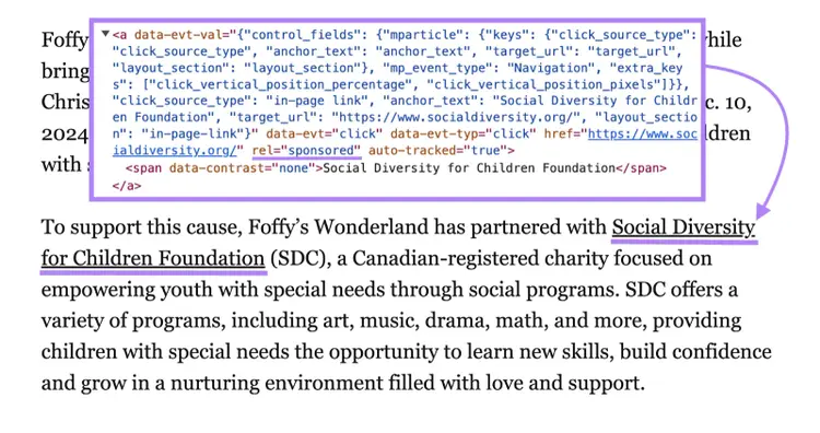 In a sponsored post, a link to the partner includes a sponsored attribute in the page's code.