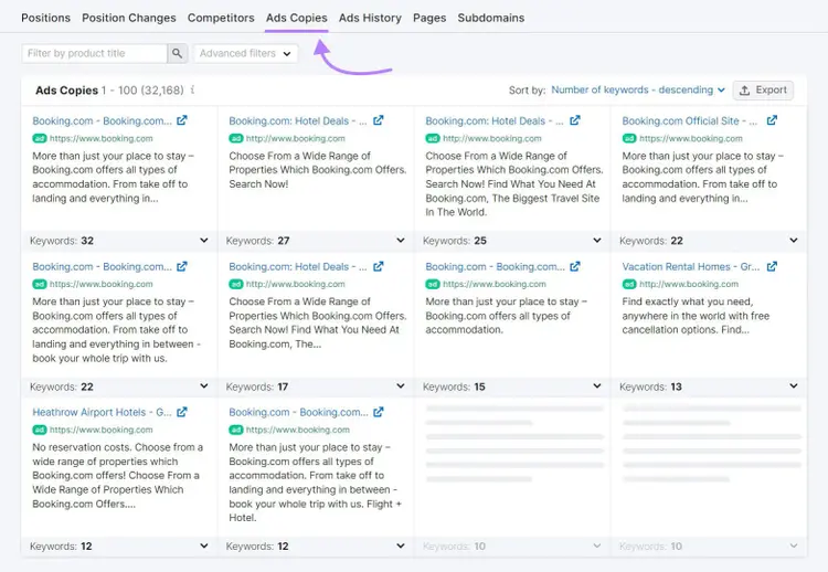 "Ads Copies" tab for "booking.com" in Advertising Research tool
