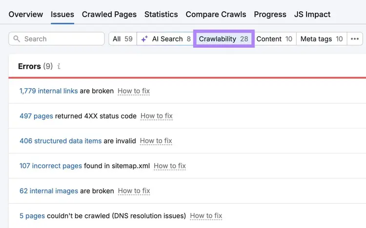 The "Issues" tab of the Site Audit tool with "Crawlability" selected showing a list of related errors.