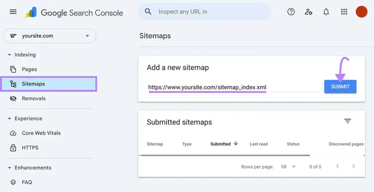 Google Search Console Sitemaps page with a sitemap URL entered and the Submit button highlighted