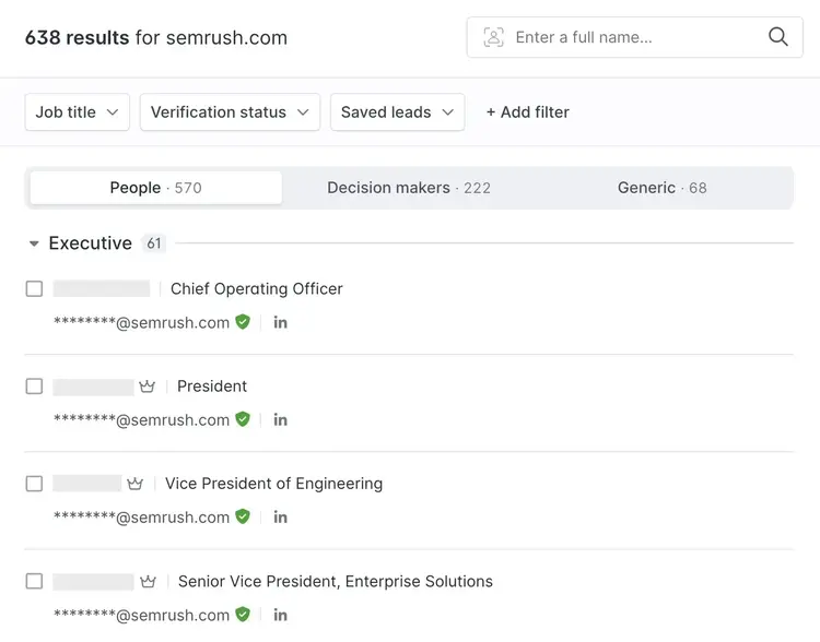 A list of email addresses for people at a specific company with their names and titles found on Hunter.