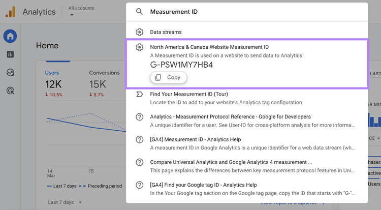 “measurement ID” in the GA search bar and the relevant result highlighted