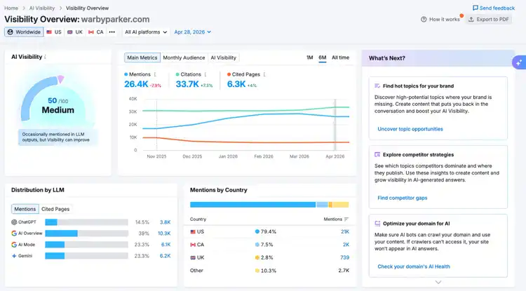AI Visibility report on the Visibility Overview tool showing a domain's visibility across different AI platforms.