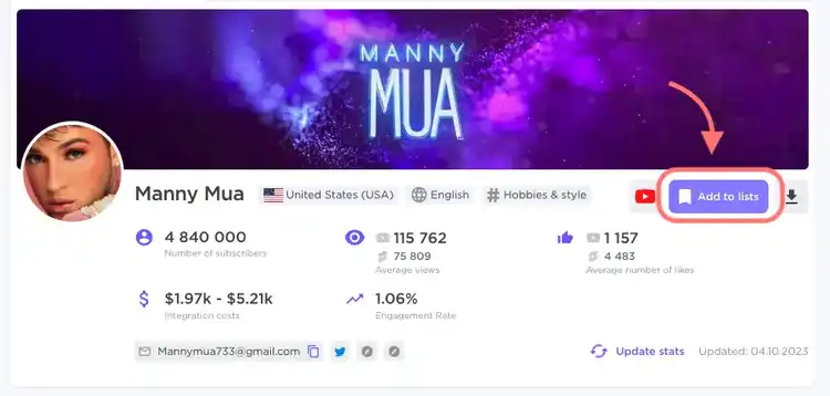 Influencer profile for Manny Mua with Add to lists button highlighted