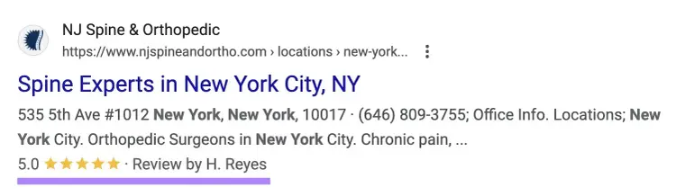 Medical schema showing a star rating and by who it was given on a SERP listing.