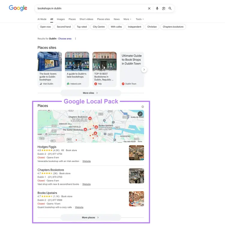 Google SERP for the term "bookshops in Dublin" with the local pack highlighted.
