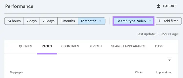 "Video" selected as the search type and the "Pages" tab selected on Google Search Console.