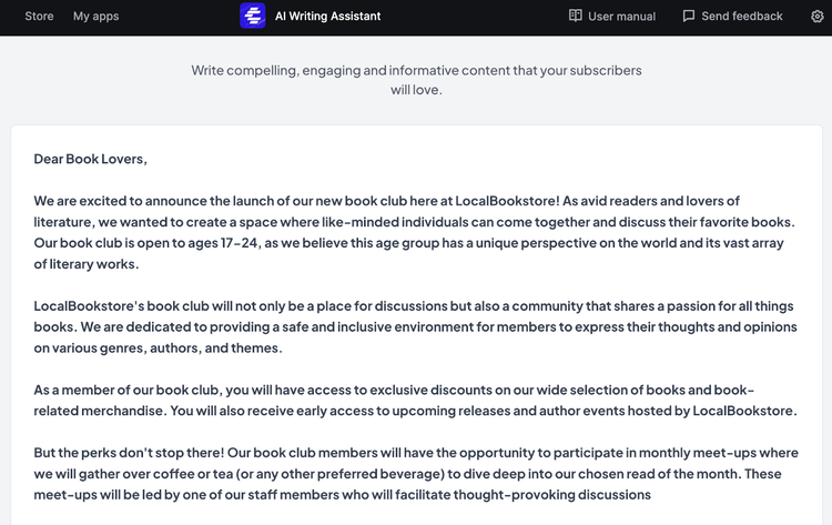 Example newsletter written by AI Writing Assistant