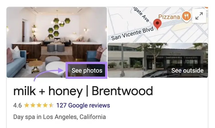 A GBP listing with the "See photos" button highlighted at the bottom-right corner of the cover photo.