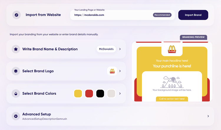 AI ad creator setup form for McDonald's with brand customization