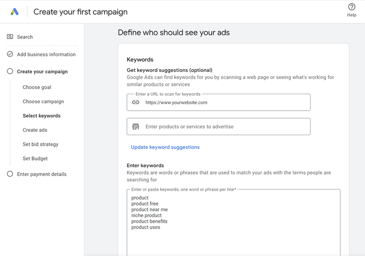 enter keywords that will show your ads
