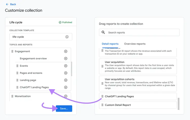 Customize collection screen with ChatGPT Landing Pages added and Save button highlighted.