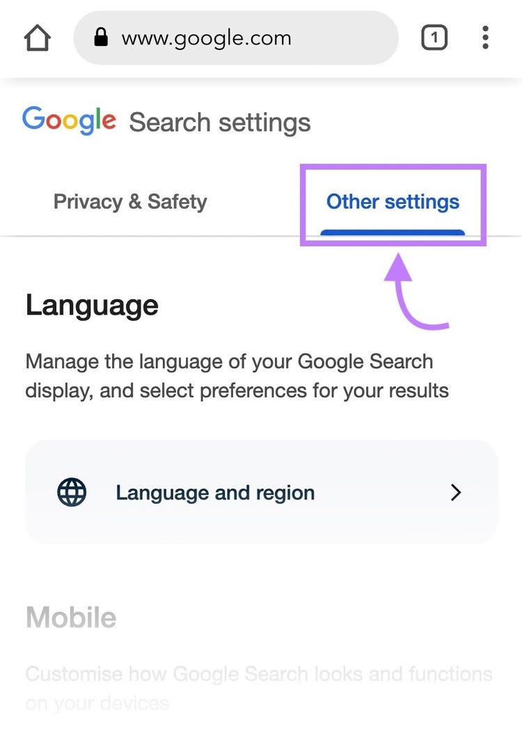 Google “Other settings” button highlighted in purple