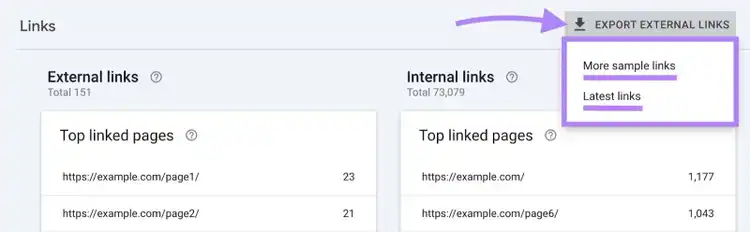 "Export External Links" clicked with the options in the dropdown, “More sample links” & “Latest links”, highlighted on GSC.
