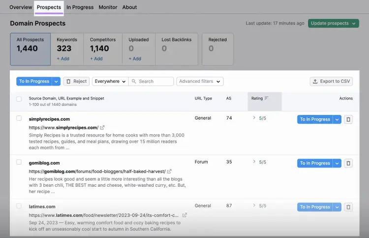 "Prospects" database in the Link Building tool