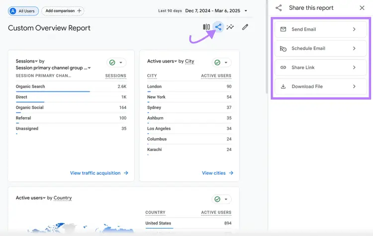 Custom Overview Report opened in Analytics dashboard, share icon clicked, and Share options menu highlighted