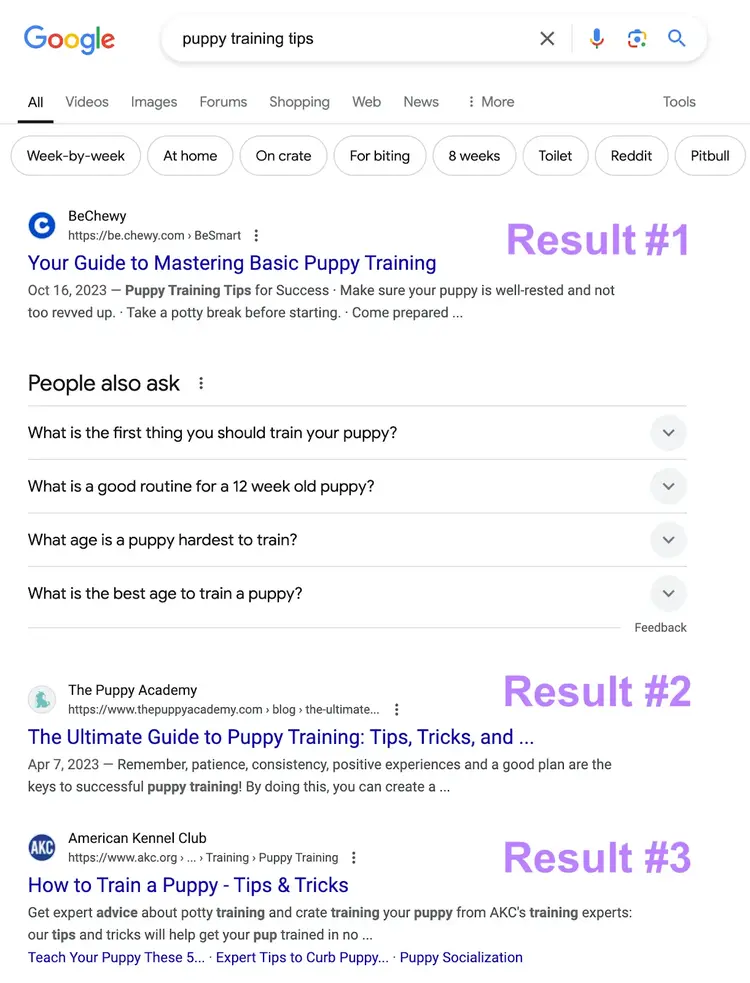 organic results are numbered 1, 2, 3 with a people also ask serp feature between results 1 and 2