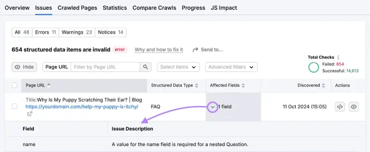 affected fields dropdown opened to show which field needs to be fixed