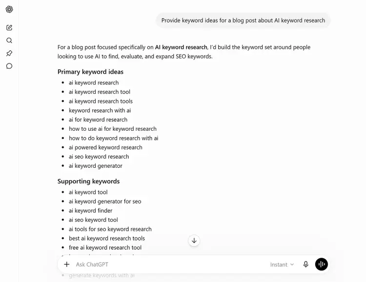 ChatGPT suggesting primary and supporting keyword ideas for an AI keyword research blog post