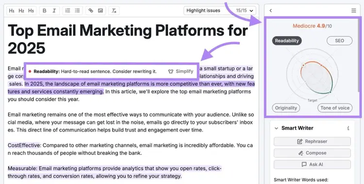 SEO Writing Assistant with a content score based on SEO, readability, originality, and tone along with specific suggestions to improve the article.