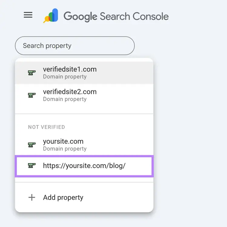 Google Search Console property list showing the verified blog URL prefix property highlighted