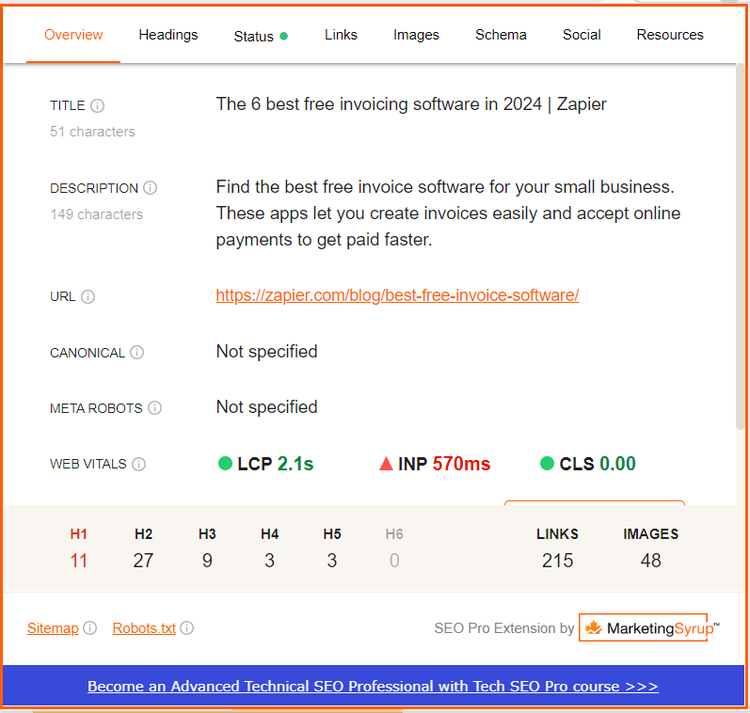 seo pro extension analyzed a page to show seo metrics