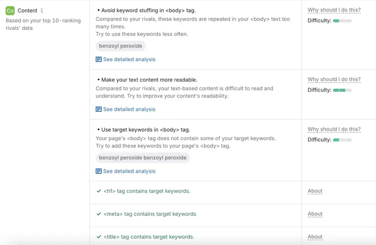 On Page SEO Checker showing content optimization tips for a page including to avoid keyword stuffing and to make text content more readable.