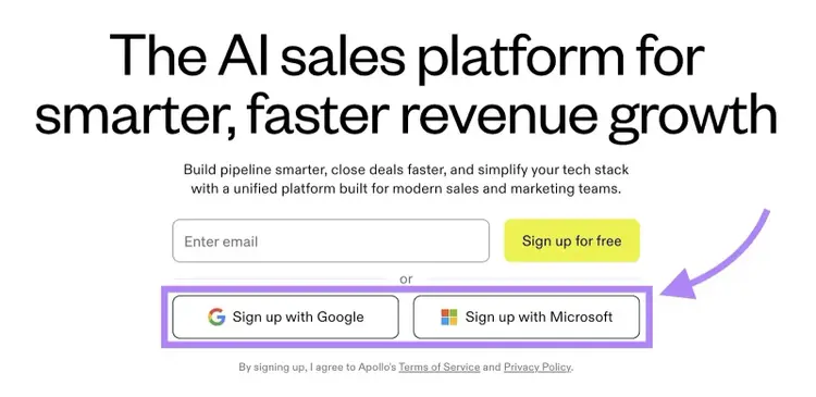 Apollo.io offering multiple sign-up options from their homepage including using a Google or Microsoft account.