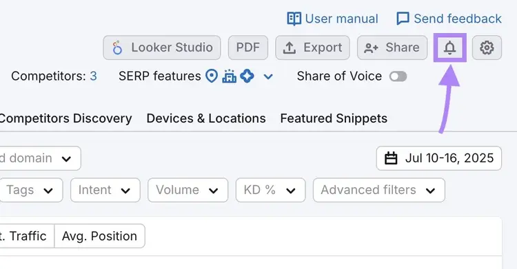 The bell icon at the top of the Position Tracking tool clicked to set up custom alerts.