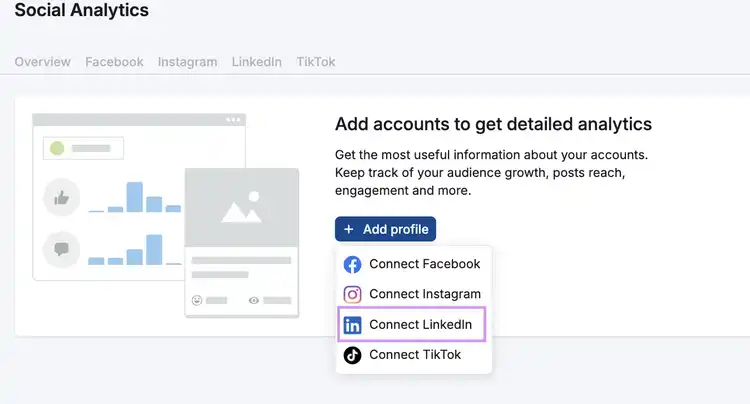 Semrush Social Analytics with social account connection options