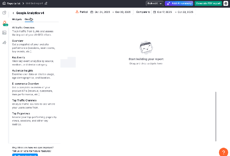 Semrush My Reports tool showing Google Analytics v4 report builder with AI Traffic and engagement widgets